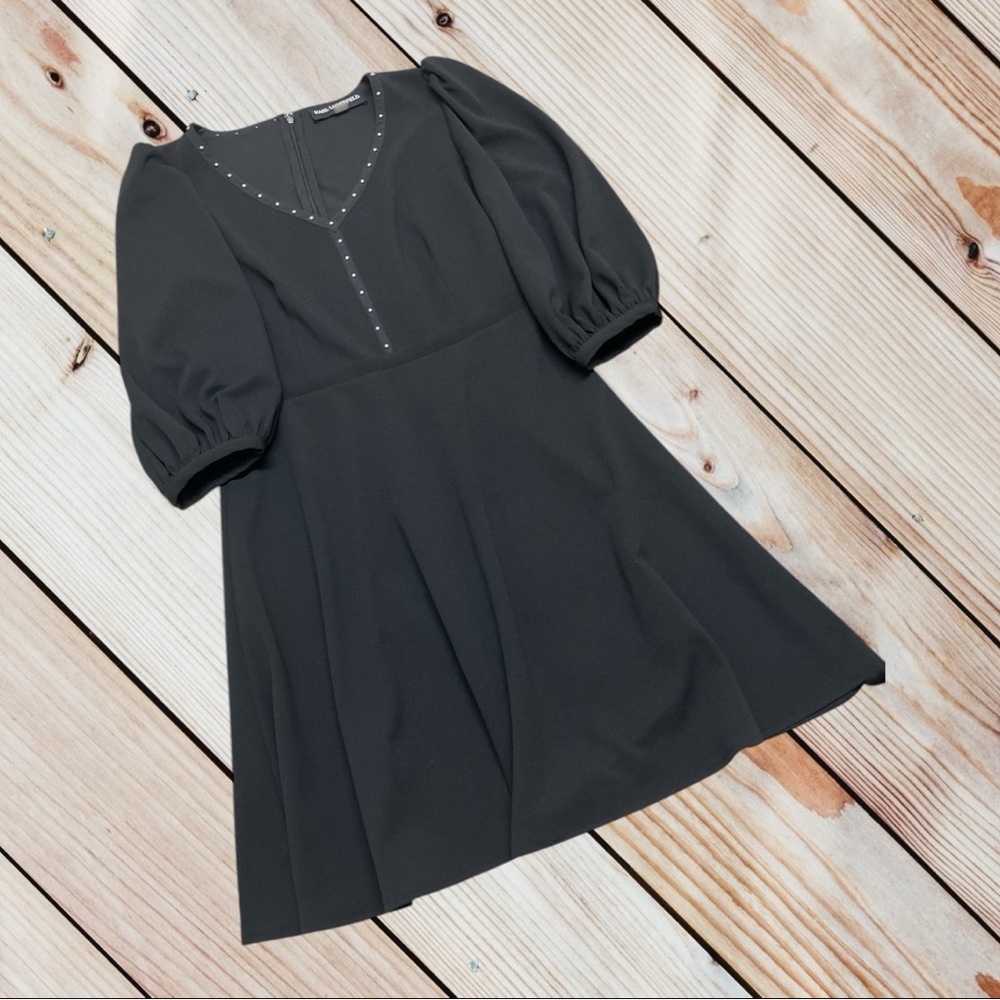 Karl Lagerfeld size 8 black 3/4 Balloon Sleeve Studded Fit & Flare Dress - Picture 2 of 10